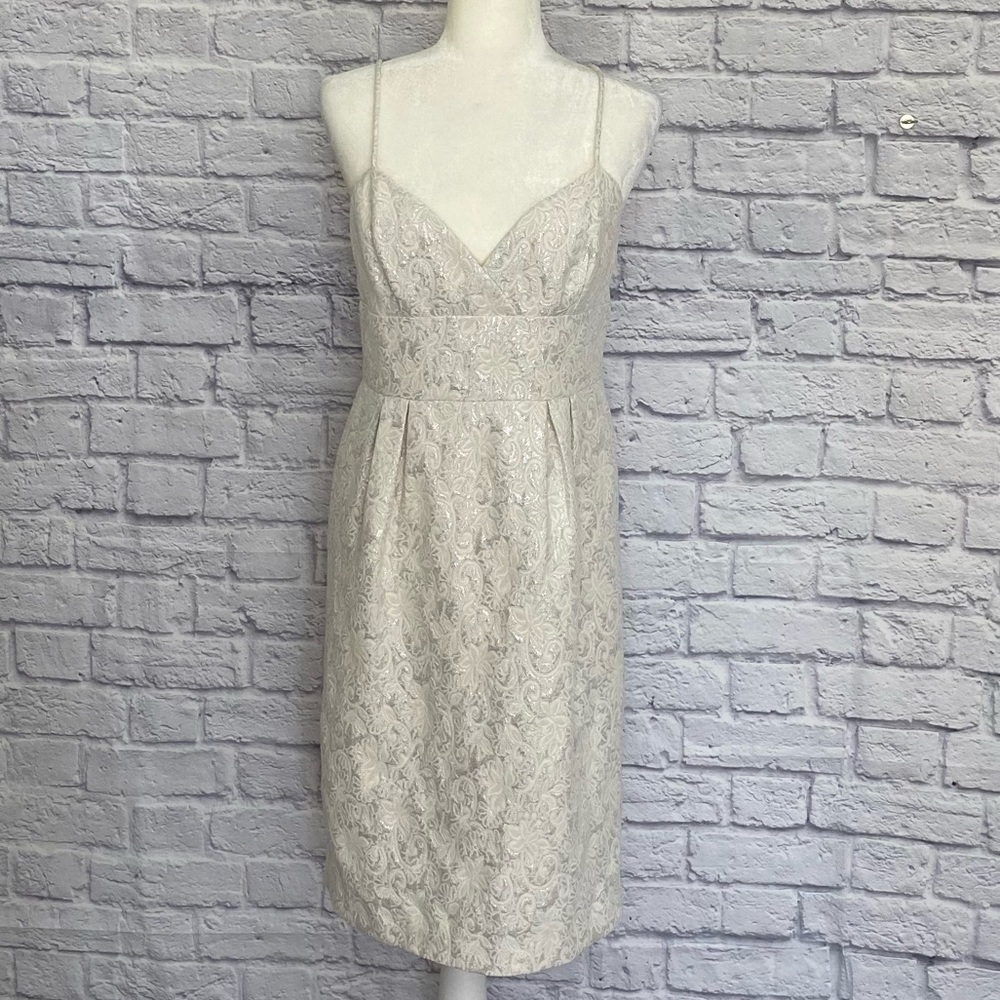 BCBG MaxAzria White & Silver Brocade Cocktail Dress - 10